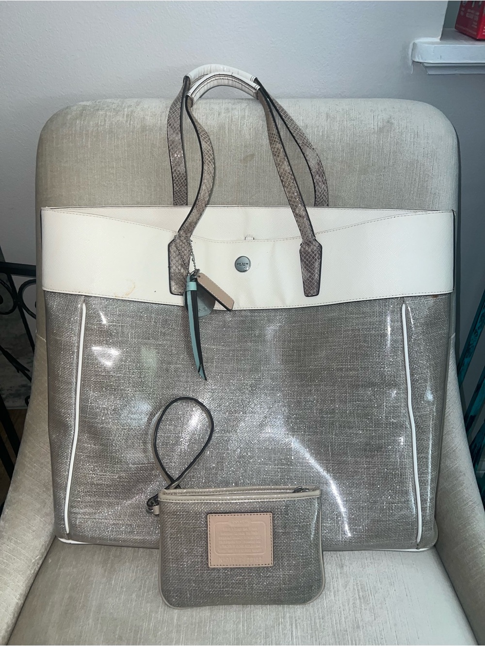 Coach Metallic Taupe and White Tote with Wristlet